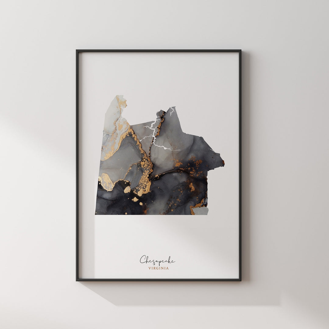 Chesapeake Map Black & Gold Wall Art Print | Virginia | USA | United States of America [EV]