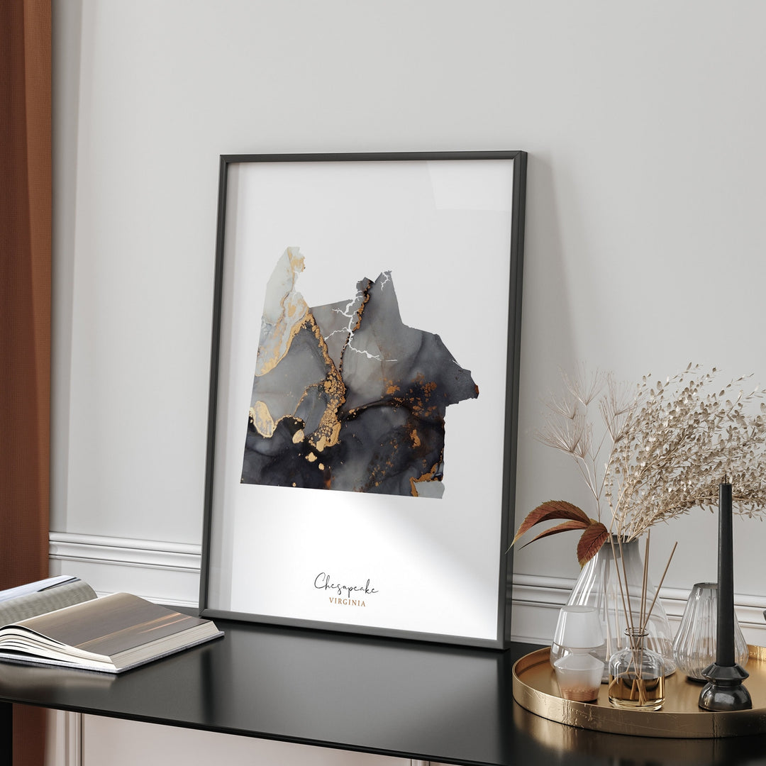 Chesapeake Map Black & Gold Wall Art Print | Virginia | USA | United States of America [EV]