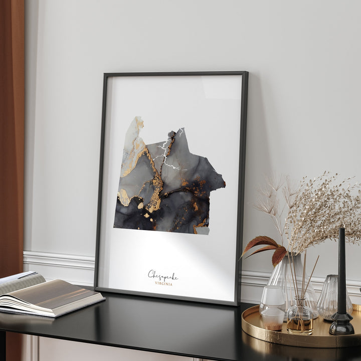 Chesapeake Map Black & Gold Wall Art Print | Virginia | USA | United States of America [EV]