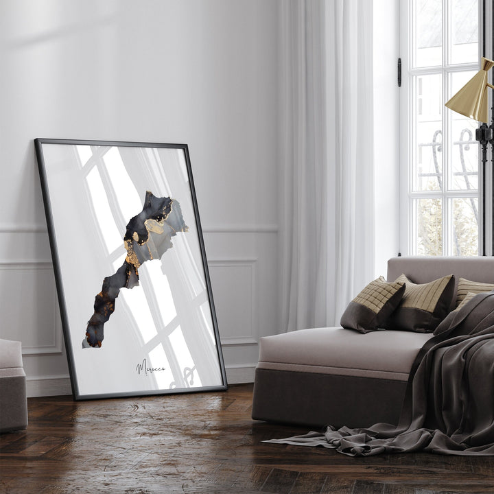 Morocco Map Black & Gold Wall Art Print [EV]