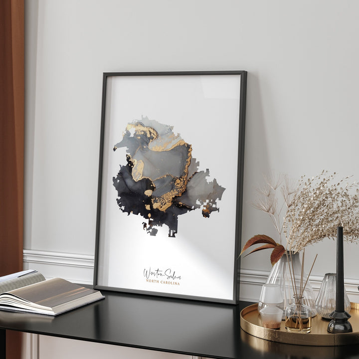 Winston-Salem Map Black & Gold Wall Art Print | North Carolina | USA | United States of America [EV]