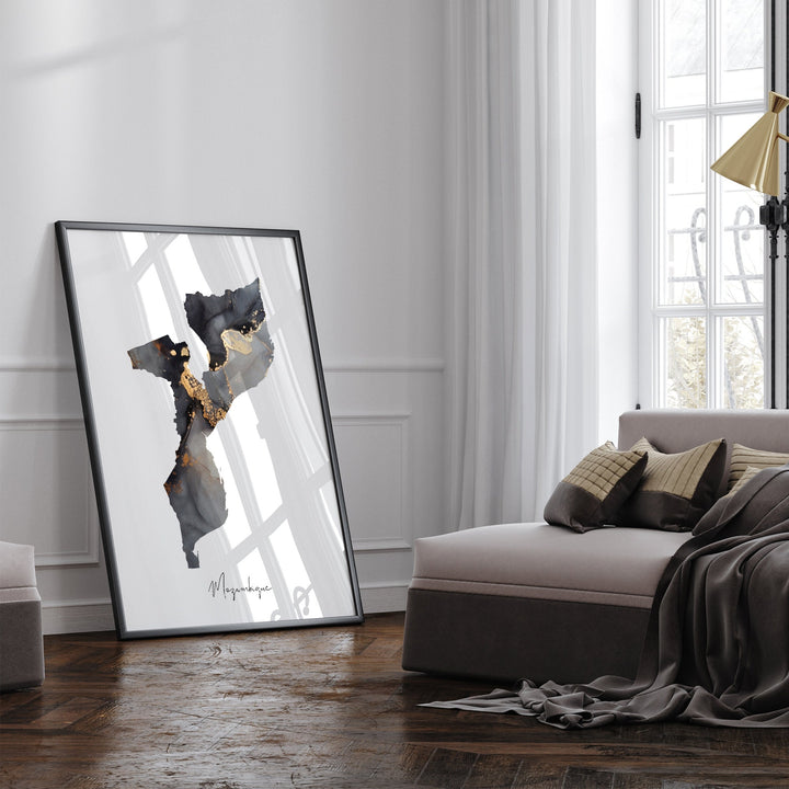 Mozambique Map Black & Gold Wall Art Print [EV]