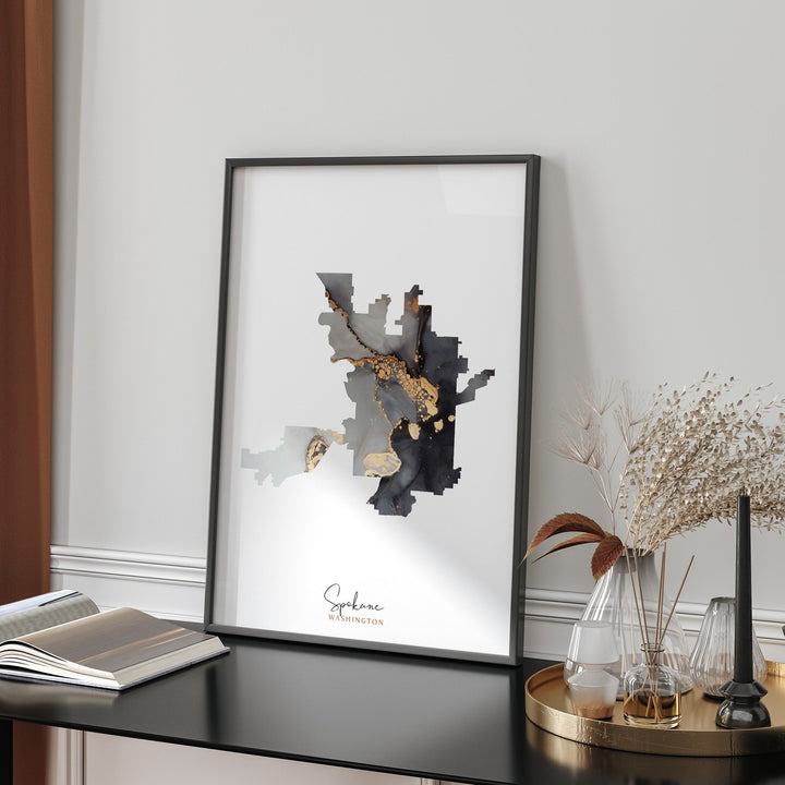 Spokane Map Black & Gold Wall Art Print | Washington | USA | United States of America [EV]