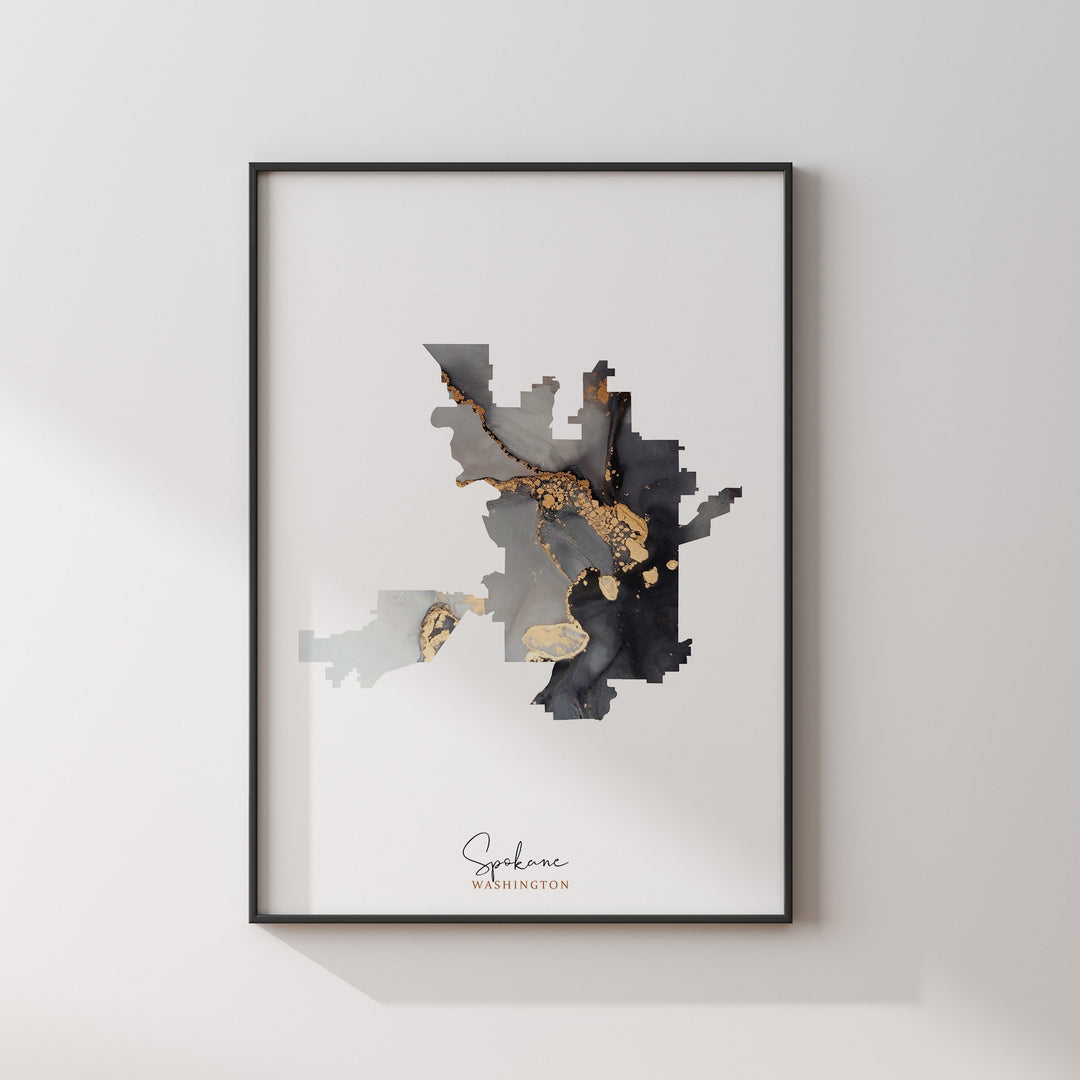Spokane Map Black & Gold Wall Art Print | Washington | USA | United States of America [EV]