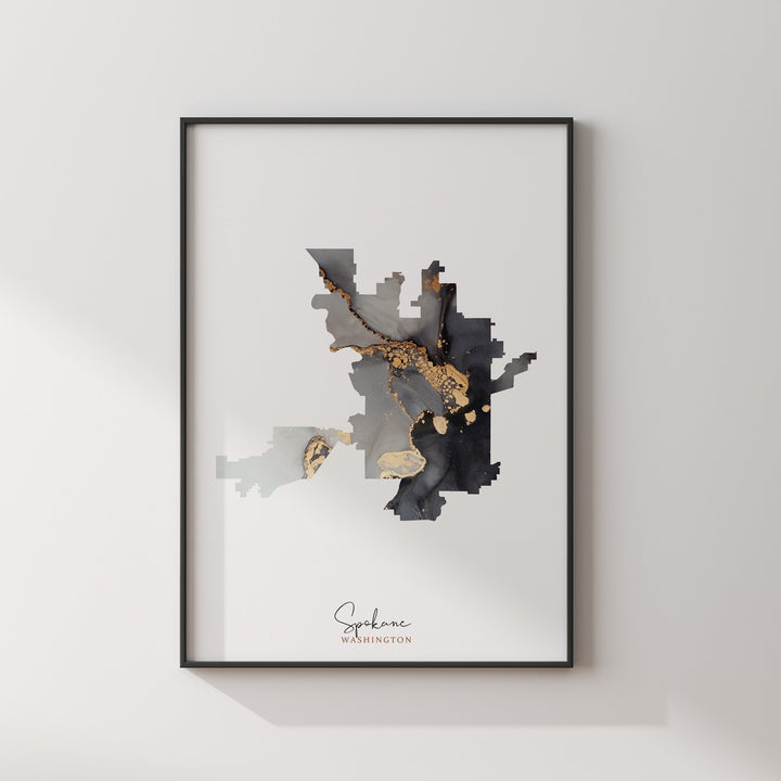 Spokane Map Black & Gold Wall Art Print | Washington | USA | United States of America [EV]