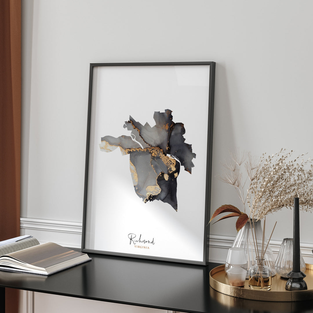Richmond Map Black & Gold Wall Art Print | Virginia | USA | United States of America [EV]