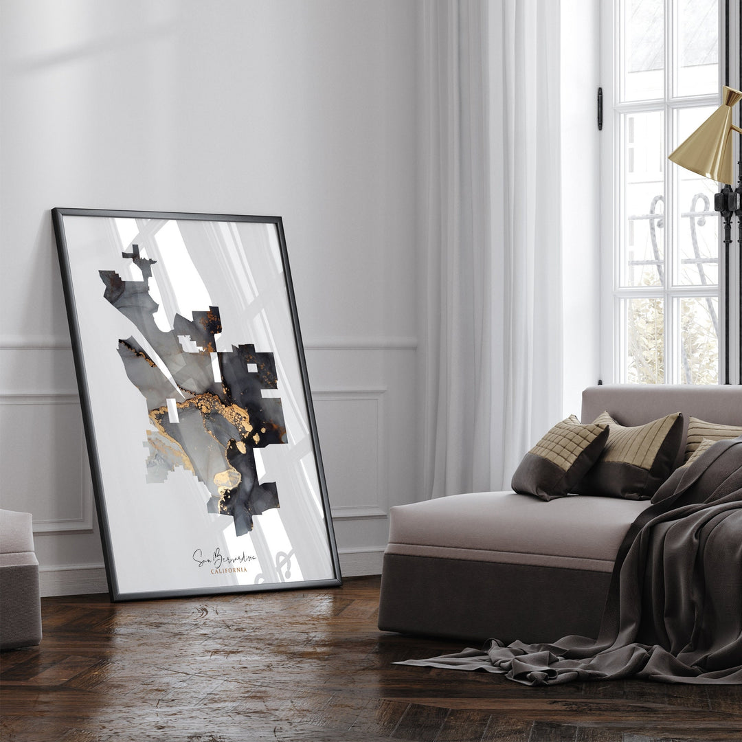 San Bernardino Map Black & Gold Wall Art Print | California | USA | United States of America [EV]