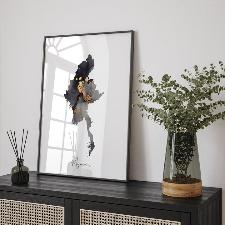 Myanmar Map Black & Gold Wall Art Print [EV]