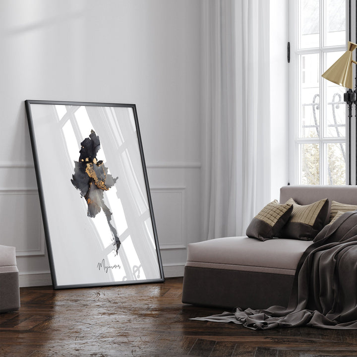 Myanmar Map Black & Gold Wall Art Print [EV]