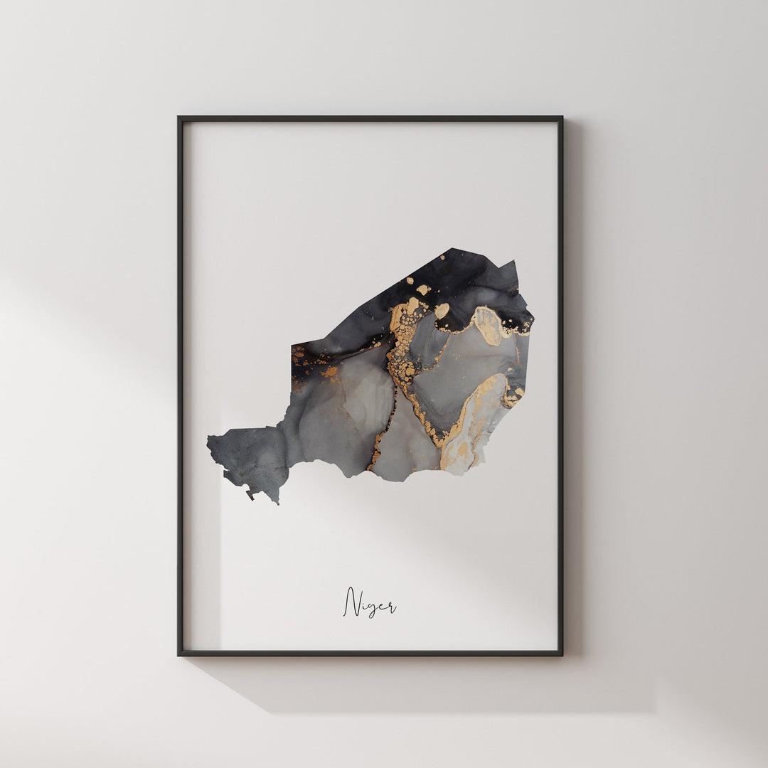 Niger Map Black & Gold Wall Art Print [EV]