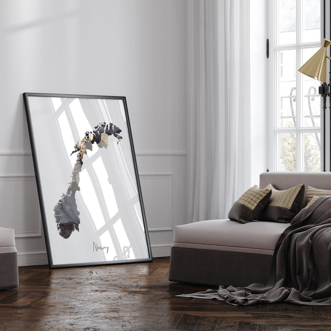 Norway Map Black & Gold Wall Art Print [EV]