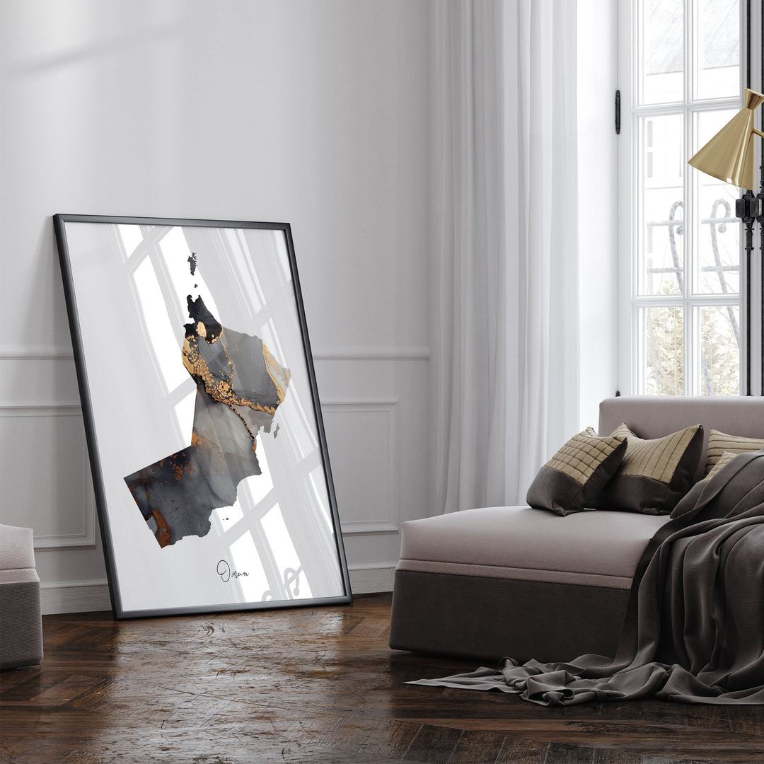 Oman Map Black & Gold Wall Art Print [EV]