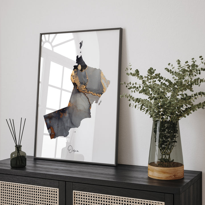 Oman Map Black & Gold Wall Art Print [EV]
