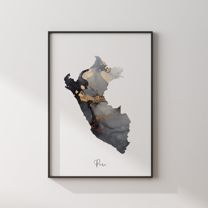 Peru Map Black & Gold Wall Art Print [EV]