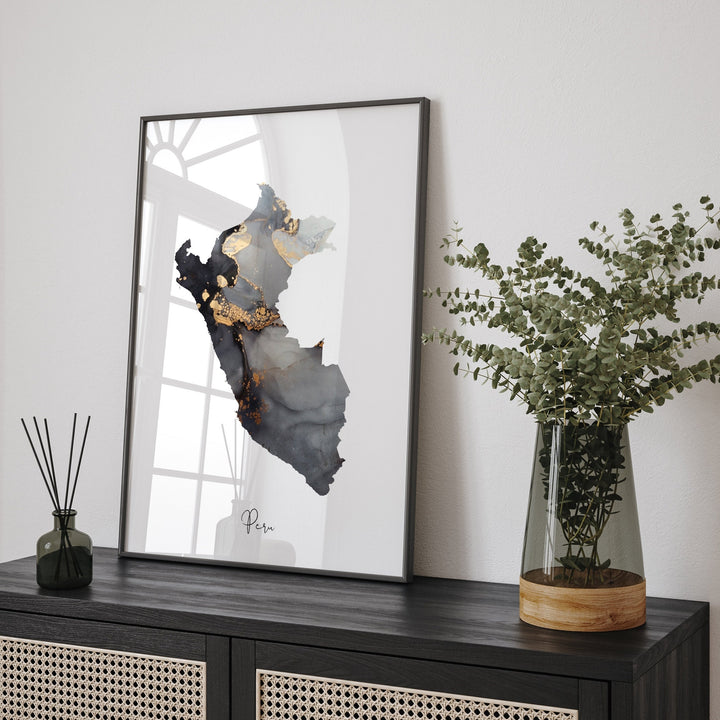 Peru Map Black & Gold Wall Art Print [EV]