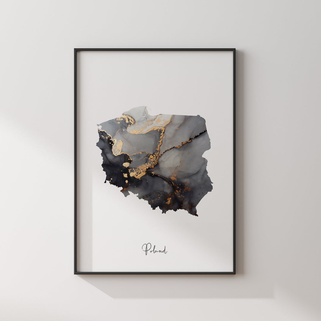 Poland Map Black & Gold Wall Art Print [EV]