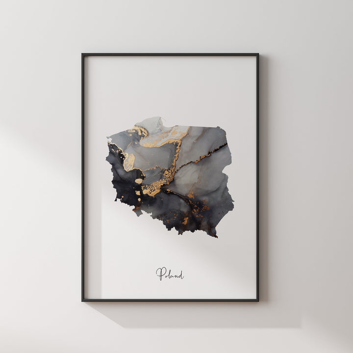 Poland Map Black & Gold Wall Art Print [EV]