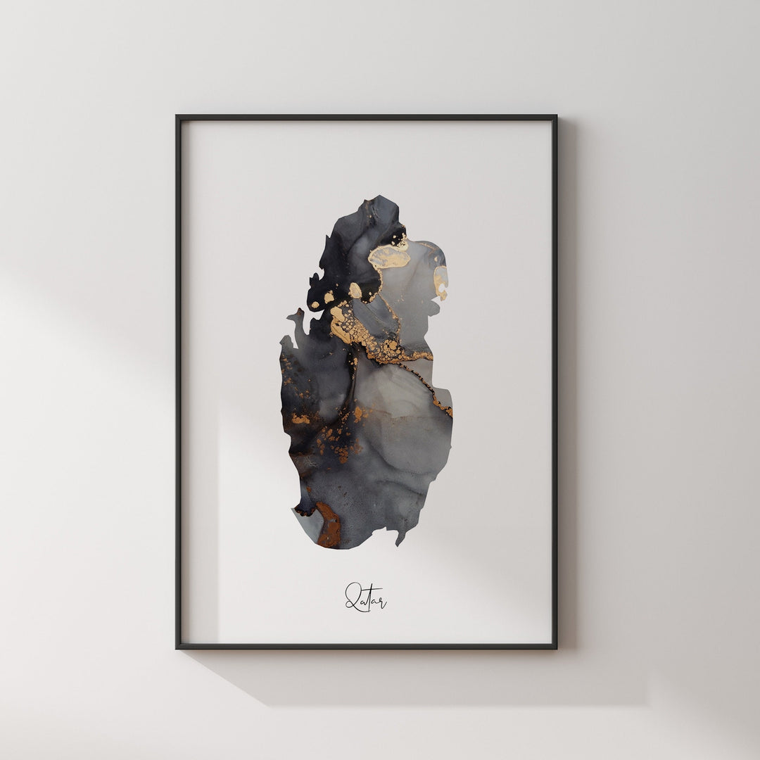 Qatar Map Black & Gold Wall Art Print [EV]