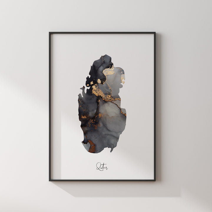 Qatar Map Black & Gold Wall Art Print [EV]