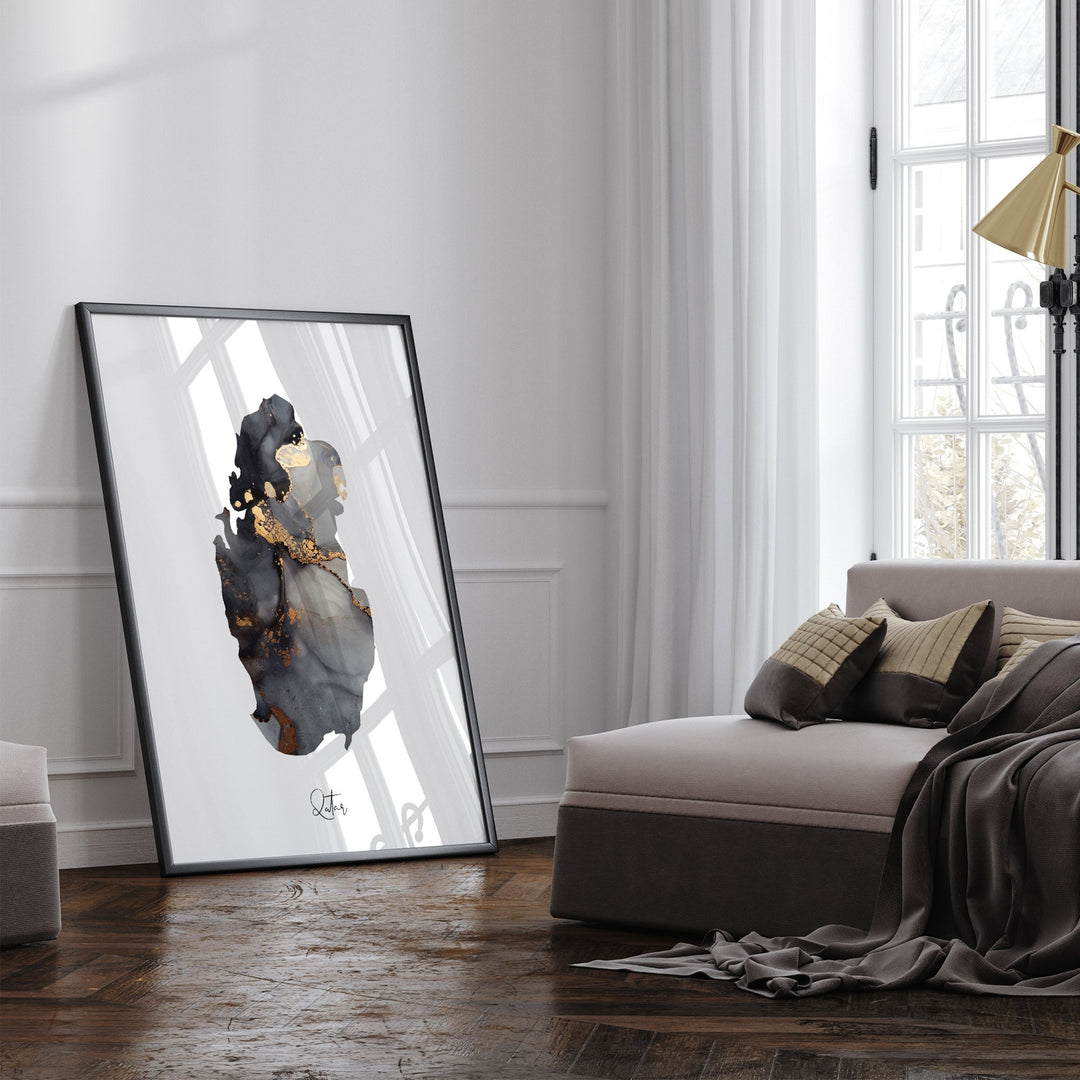 Qatar Map Black & Gold Wall Art Print [EV]