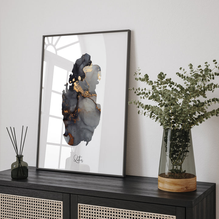 Qatar Map Black & Gold Wall Art Print [EV]