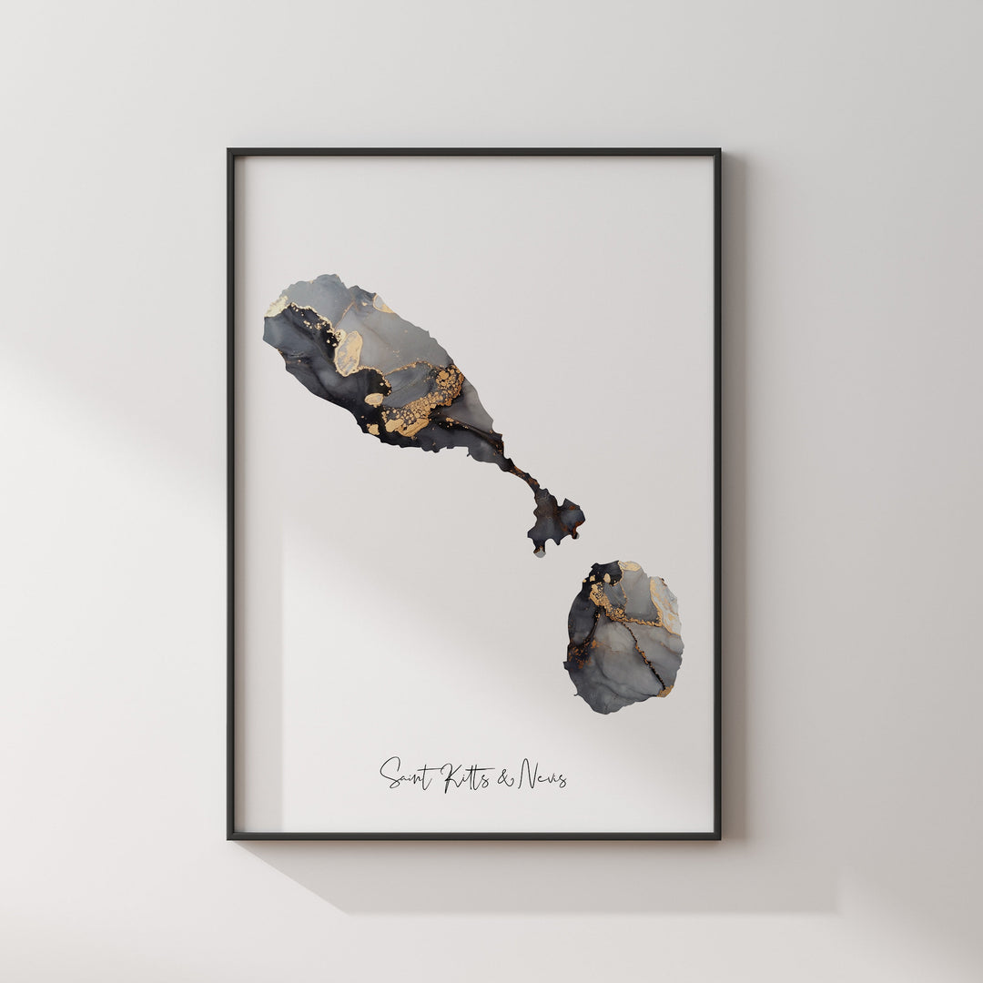 Saint Kitts & Nevis Map Black + Gold Wall Art Print [EV]