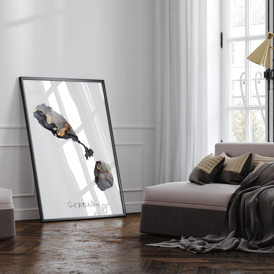 Saint Kitts & Nevis Map Black + Gold Wall Art Print [EV]