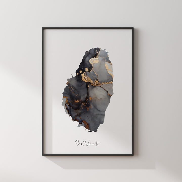 Saint Vincent Map Black & Gold Wall Art Print [EV]