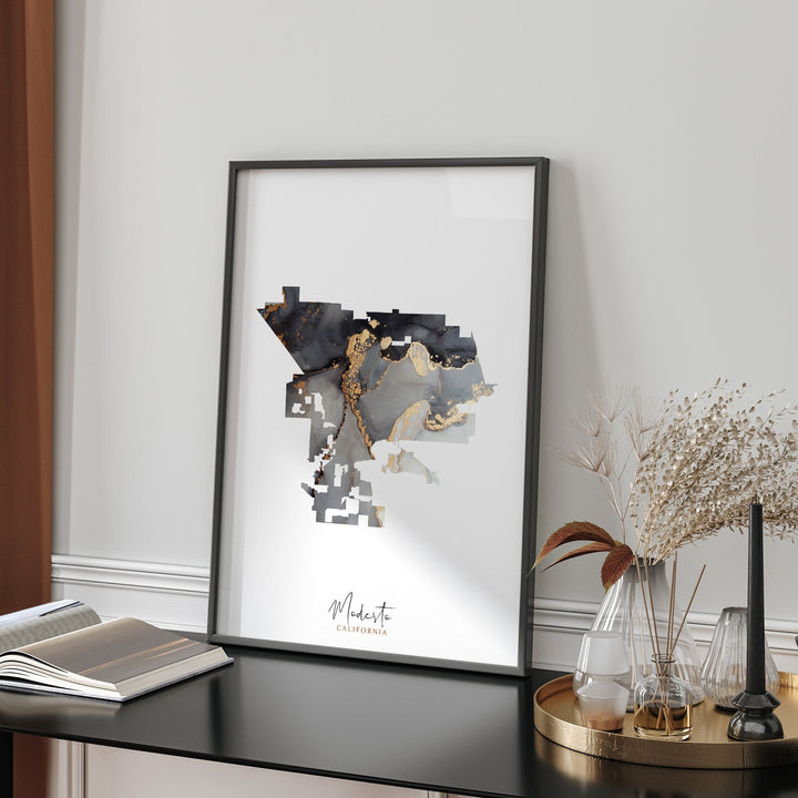Modesto Map Black & Gold Wall Art Print | California | USA | United States of America [EV]