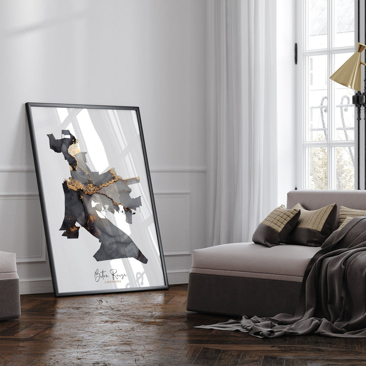 Baton Rouge Map Black & Gold Wall Art Print | Louisiana | USA | United States of America [EV]