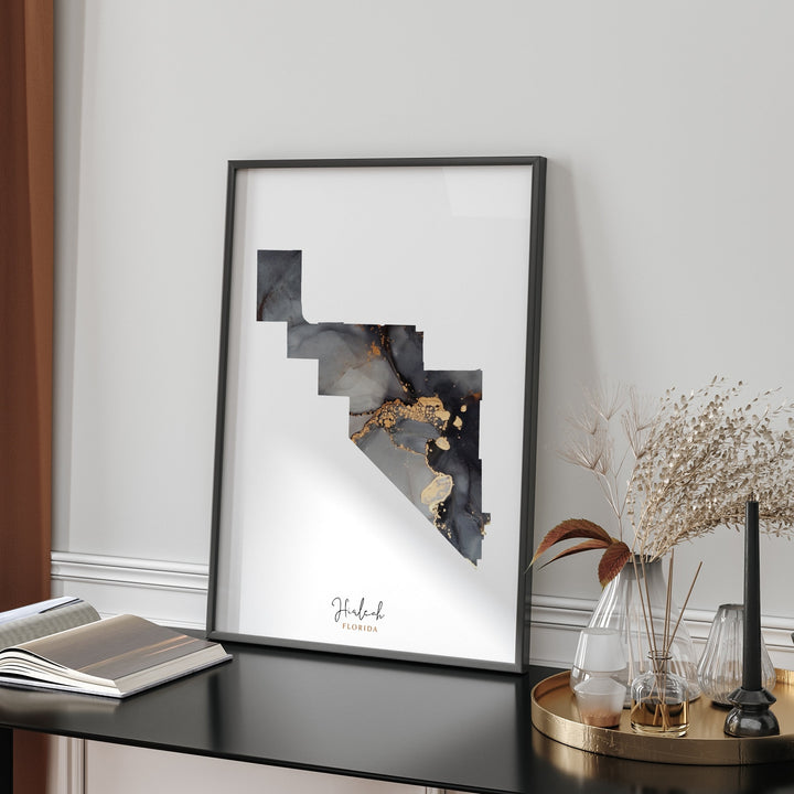 Hialeah Map Black & Gold Wall Art Print | Florida | USA | United States of America [EV]