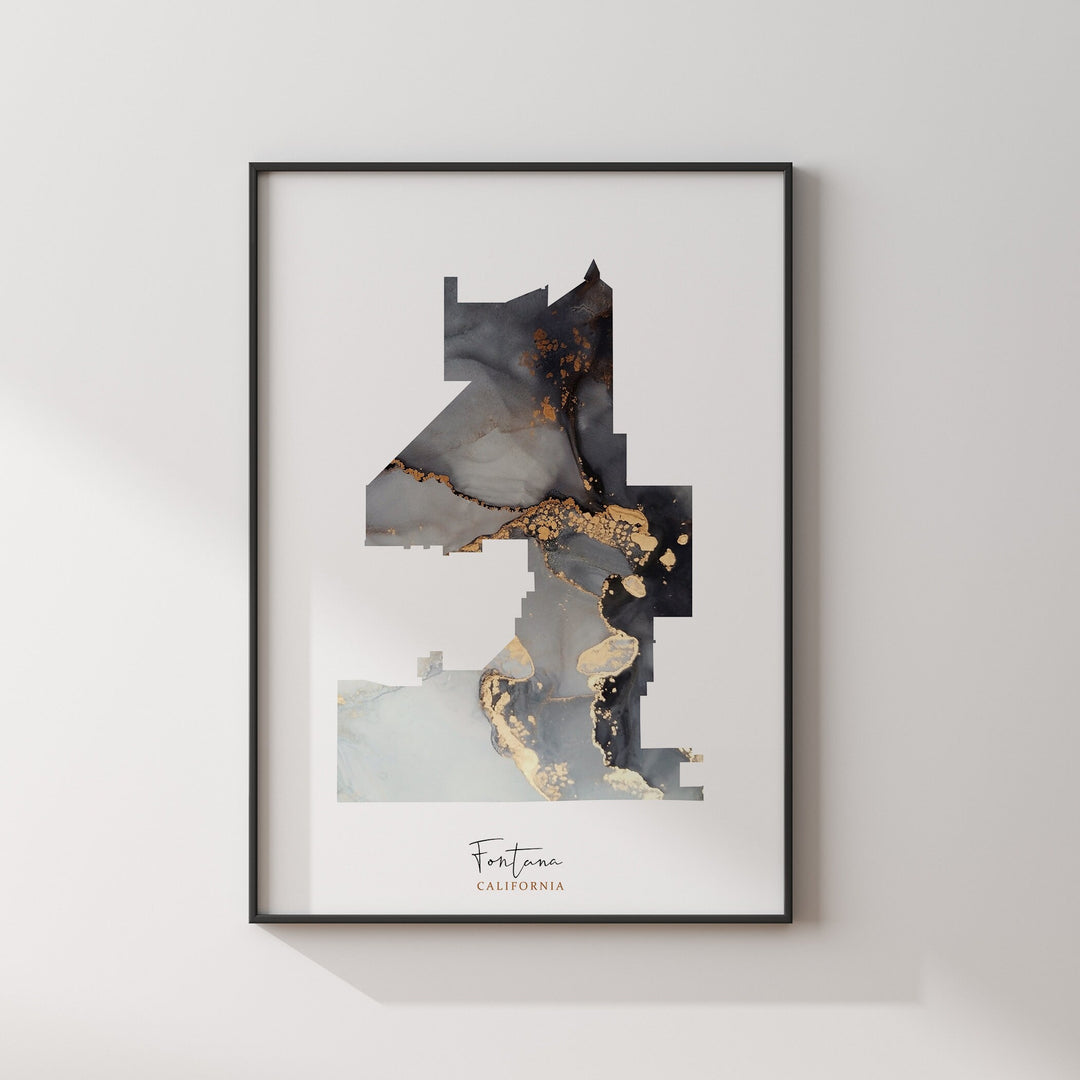 Fontana Map Black & Gold Wall Art Print | California | USA | United States of America [EV]