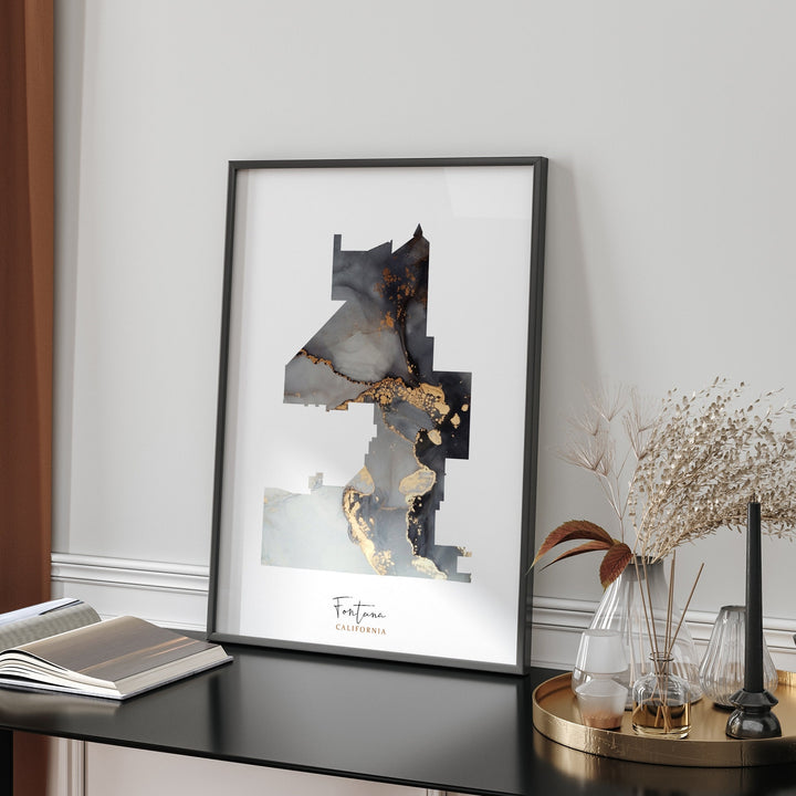 Fontana Map Black & Gold Wall Art Print | California | USA | United States of America [EV]