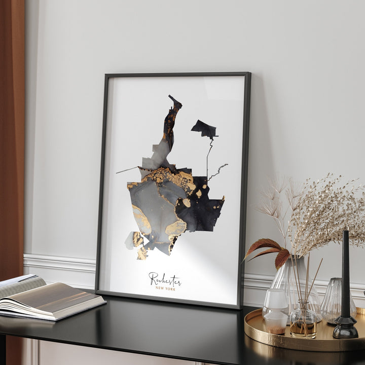 Rochester Map Black & Gold Wall Art Print | New York | USA | United States of America [EV]