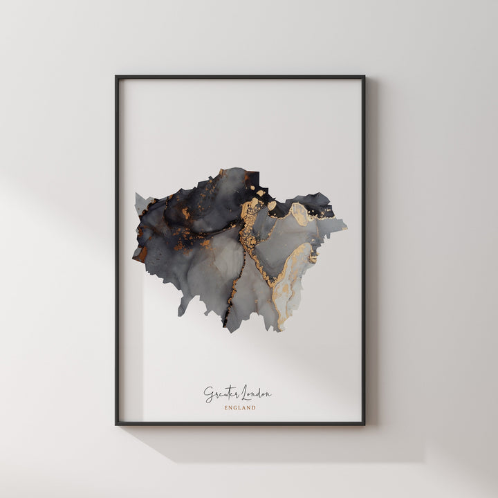 Greater London Map Black & Gold Wall Art Print | England | United Kingdom | Great Britain
