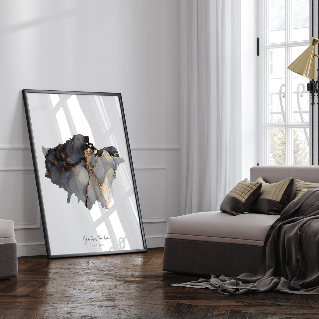 Greater London Map Black & Gold Wall Art Print | England | United Kingdom | Great Britain