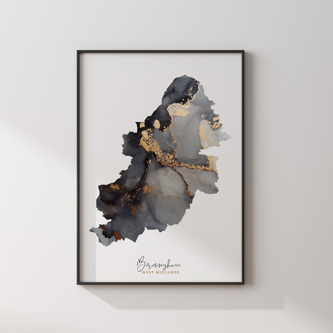 Birmingham Map Black & Gold Wall Art Print | West Midlands  England | United Kingdom | Great Britain