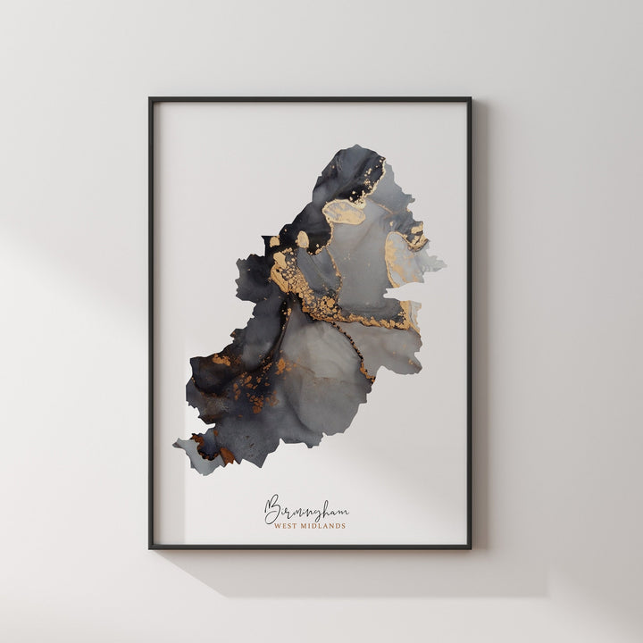 Birmingham Map Black & Gold Wall Art Print | West Midlands  England | United Kingdom | Great Britain