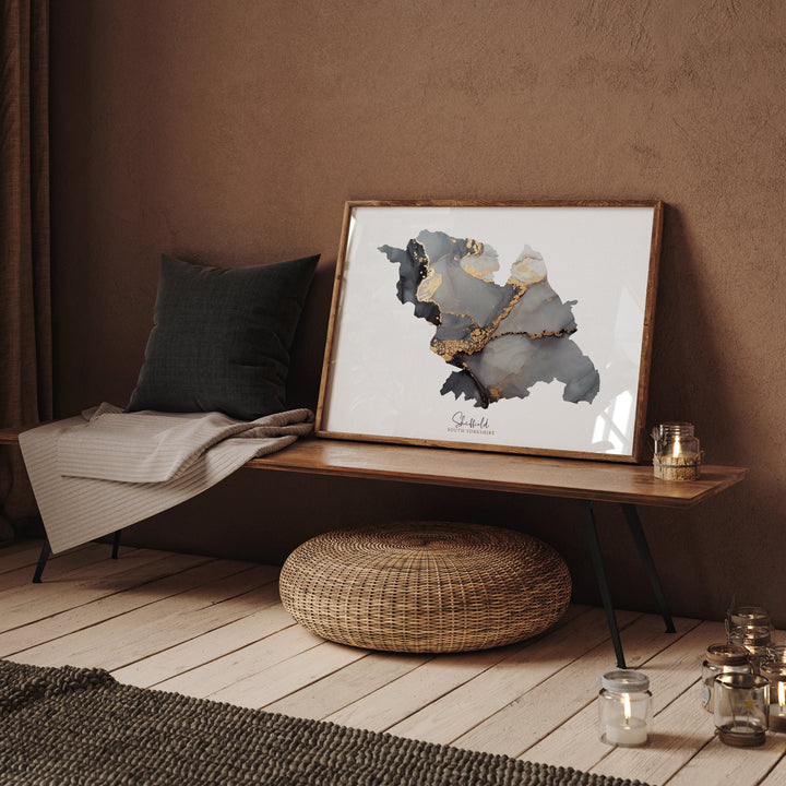 Sheffield Map Black & Gold Wall Art Print| South Yorkshire | England | United Kingdom | Great Britain