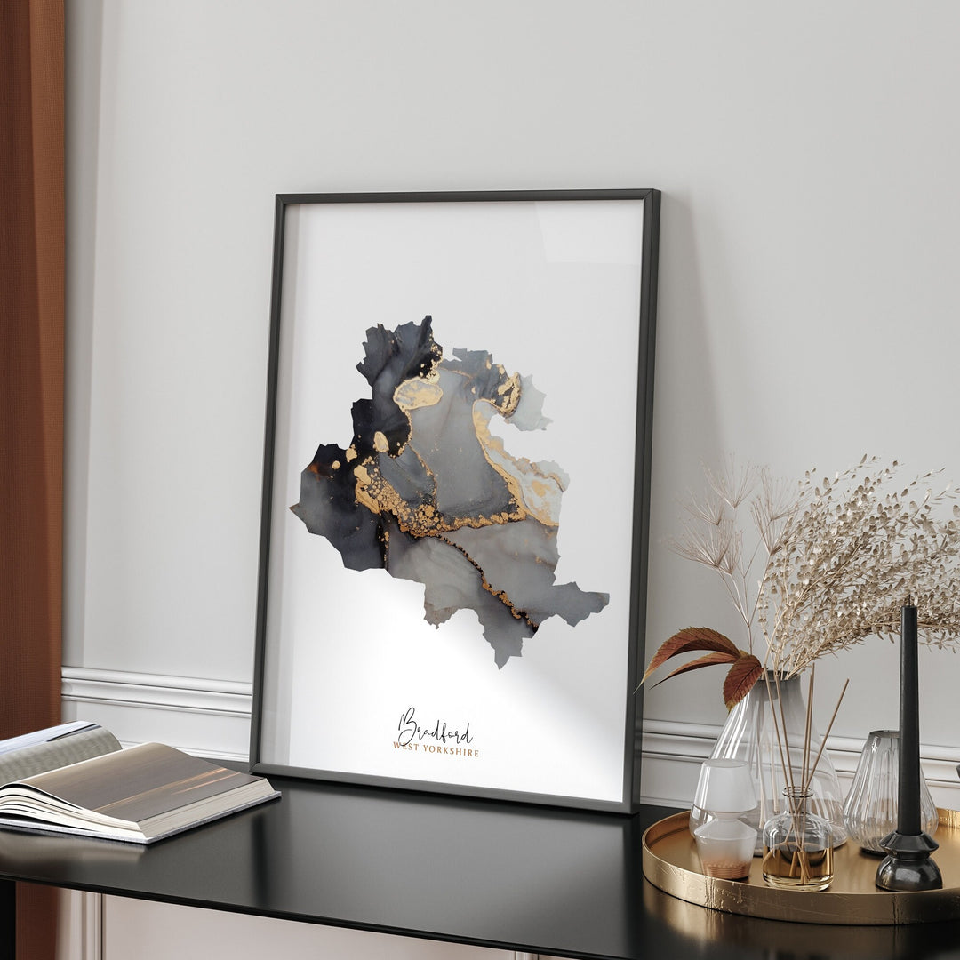 Bradford Map Black & Gold Wall Art Print| West Yorkshire | England | United Kingdom | Great Britain