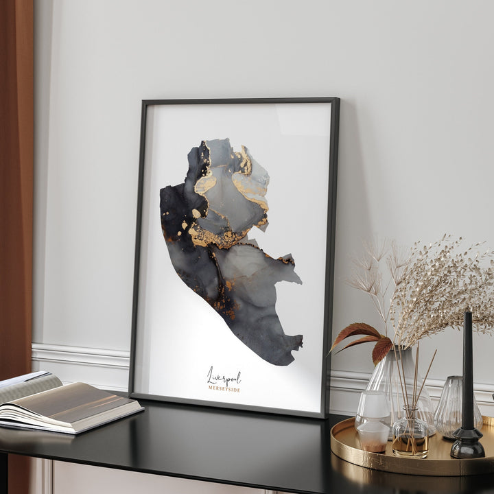 Liverpool Map Black & Gold Wall Art Print | Merseyside | England | United Kingdom | Great Britain