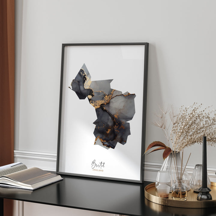 Bristol Map Black & Gold Wall Art Print | England | United Kingdom | Great Britain