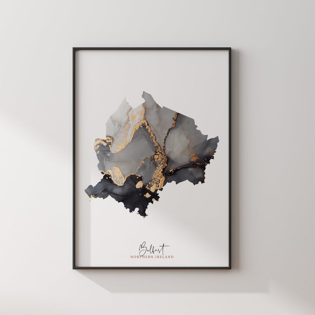 Belfast Map Black & Gold Wall Art Print | Northern Ireland | United Kingdom | Great Britain