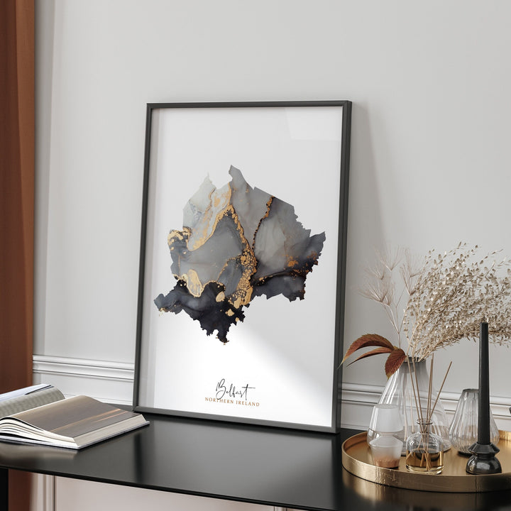 Belfast Map Black & Gold Wall Art Print | Northern Ireland | United Kingdom | Great Britain