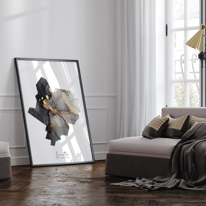 Leicester Map Black & Gold Wall Art Print | England | United Kingdom | Great Britain