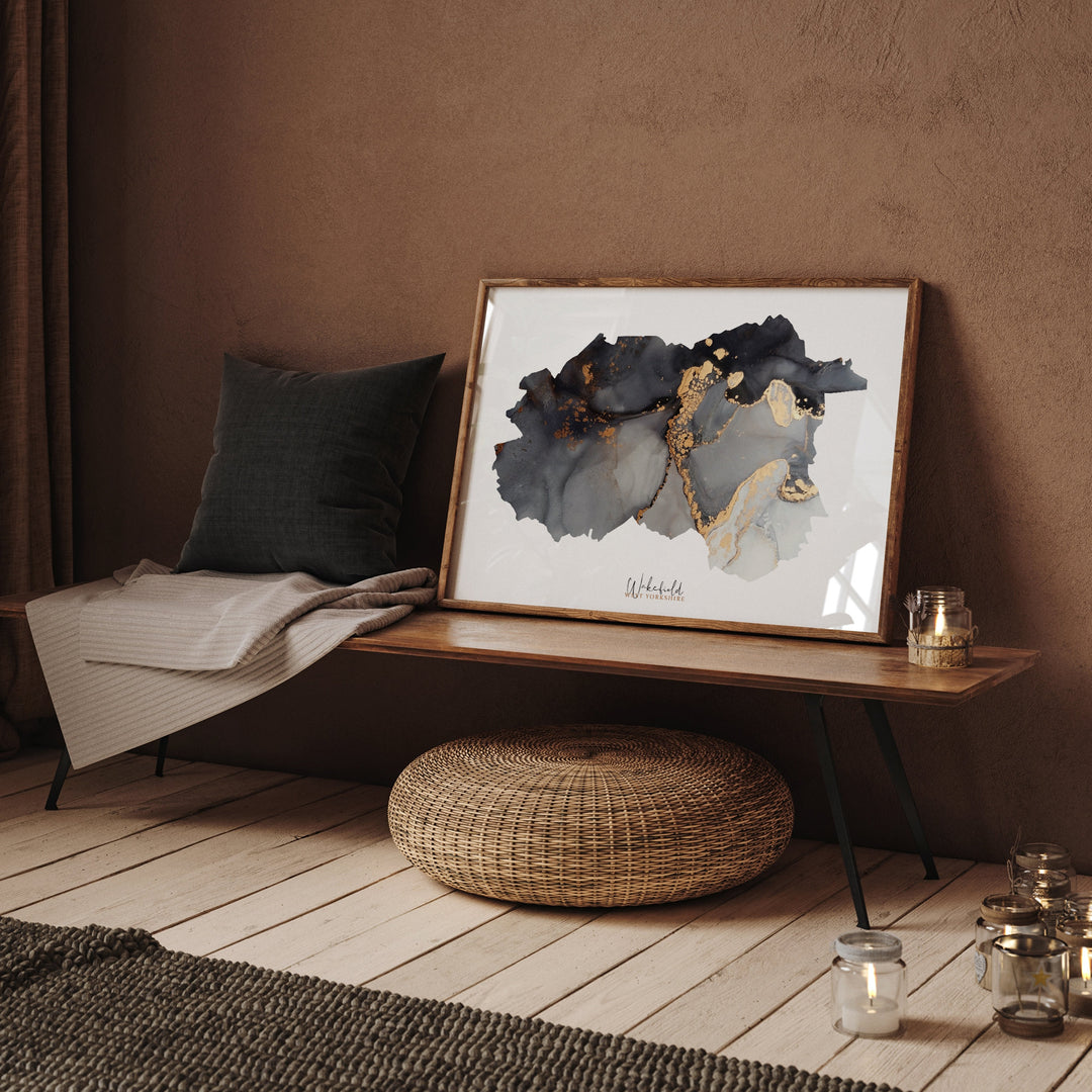 Wakefield Map Black & Gold Wall Art Print | West Yorkshire | England | United Kingdom | Great Britain