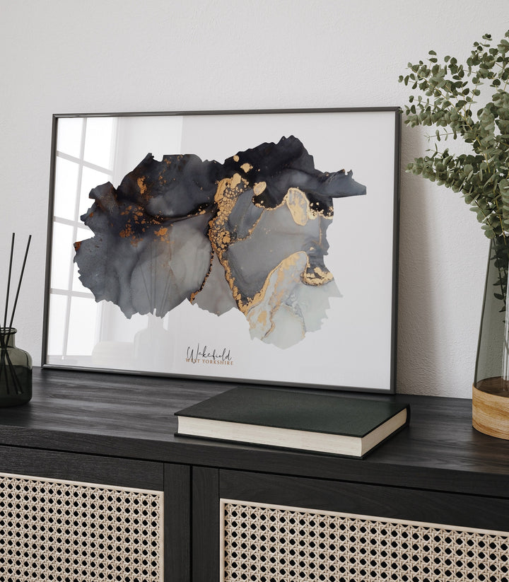 Wakefield Map Black & Gold Wall Art Print | West Yorkshire | England | United Kingdom | Great Britain