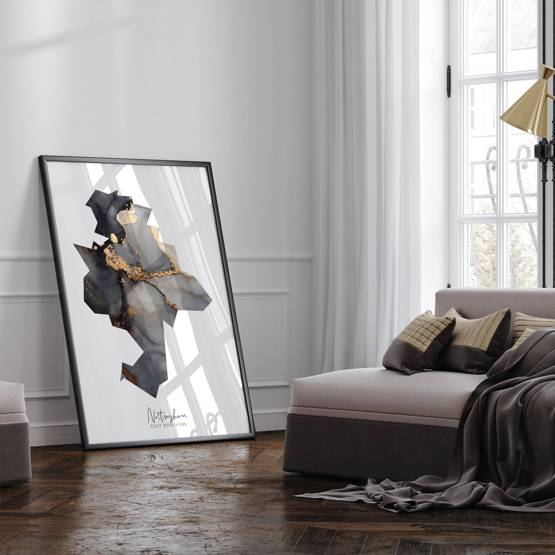 Nottingham Map Black & Gold Wall Art Print | East Midlands | England | United Kingdom | Great Britain