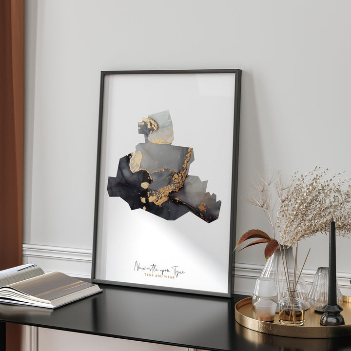 Newcastle upon Tyne Map Black & Gold Wall Art Print | Tyne and Wear | England | United Kingdom | Great Britain