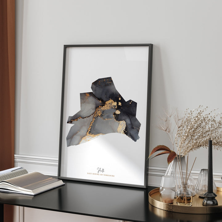 Hull Map Black and Gold Wall Art Print | East Riding of Yorkshire | England | United Kingdom | Great Britain